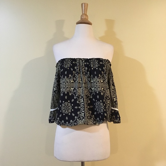 Off Shoulder Ruffled 3/4 Sleeve Print Blouse Navy - Picture 3 of 7